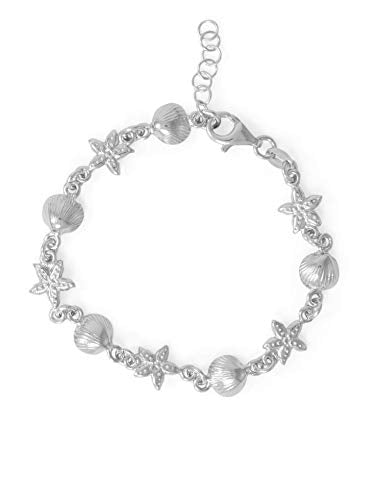 Nautical Theme Shell and Starfish Bracelet Rhodium on Sterling Silver
