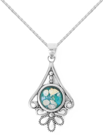 Ancient Roman Glass Necklace with Flower Design Sterling Silver