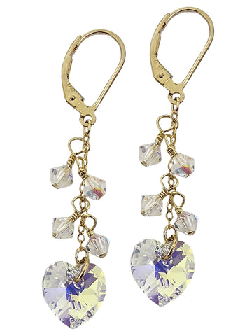 14k Gold-filled Leverback Cluster Dangle Earrings with Aurora Borealis Crystal Drops and Hearts