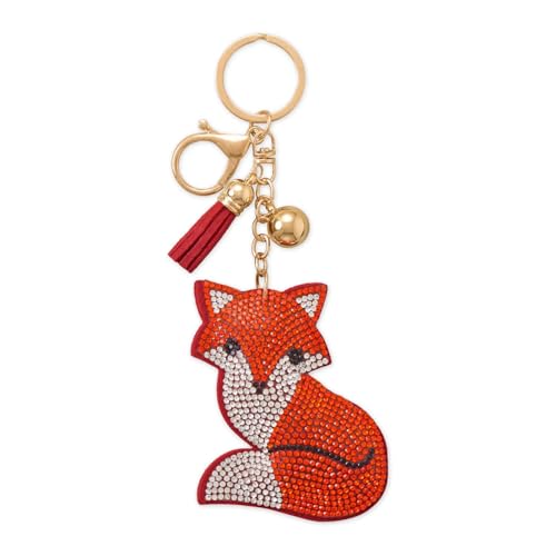 Fox Bag Charm Keychain with Crystals, Tassel, and Ball