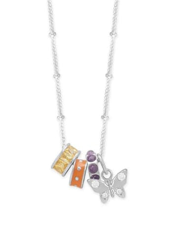 Sterling Silver Charm Satellite Necklace with Charms Yellow Orange Amethyst Butterfly