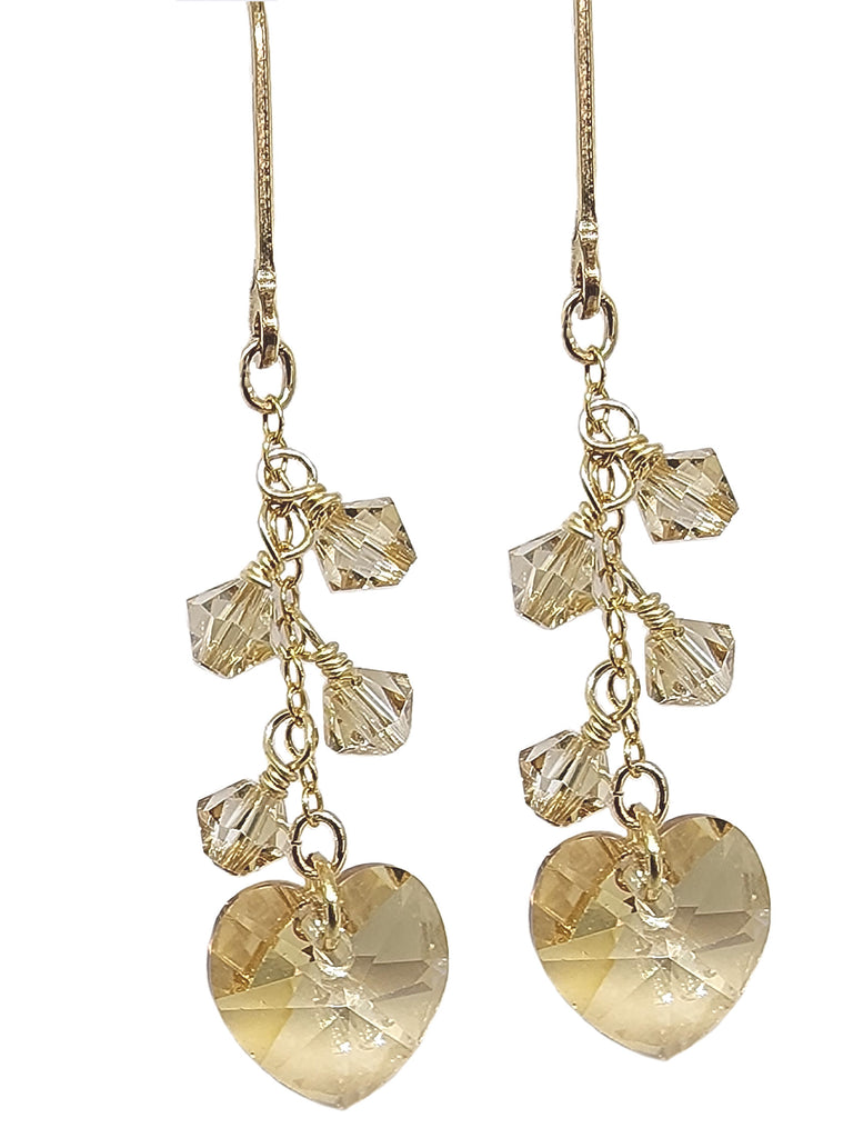 Sparkling Crystal Heart Cluster Dangle Earrings 14k Gold Filled - Golden Shade