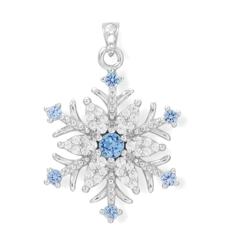 Sparkling Blue and Clear Cubic Zirconia Snowflake Pendant Rhodium on Sterling Silver