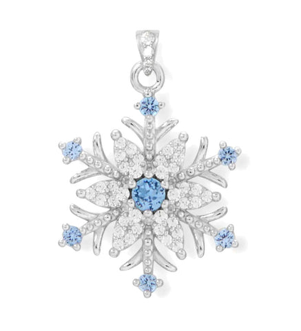 Sparkling Blue and Clear Cubic Zirconia Snowflake Pendant Rhodium on Sterling Silver
