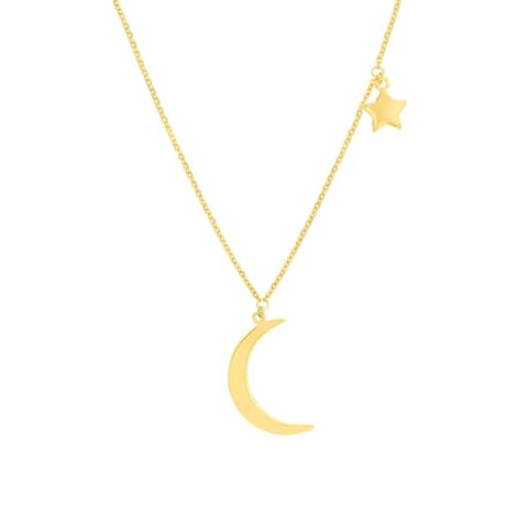 14k Yellow Gold Crescent Moon and Star Necklace Adjustable Length