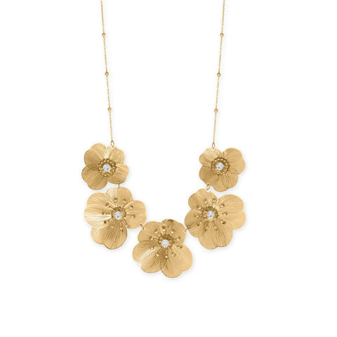 Gold Tone Flower Bib Necklace with Crystals Adjustable Length