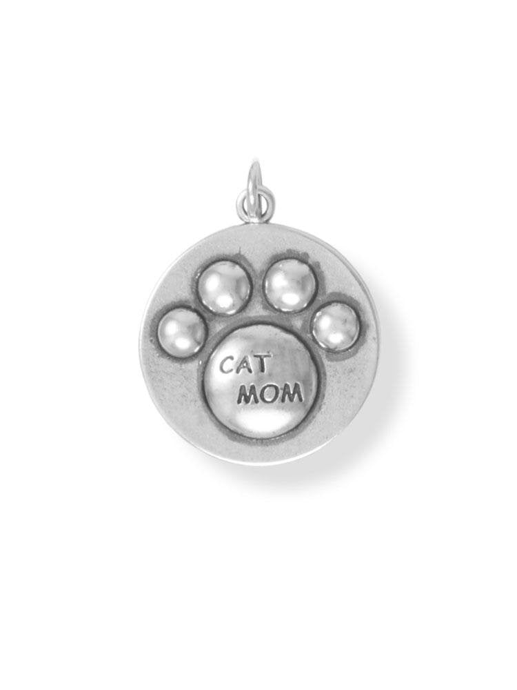 Cat Paw Print Charm with Engraved CAT MOM Sterling Silver