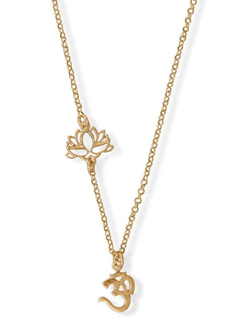 Lotus Flower and Om Necklace 14k Gold-plated Sterling Silver