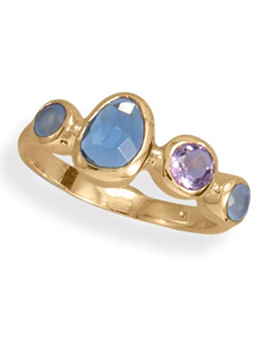 Gold-Plated Sterling Silver Ring with Amethyst, Chalcedony, and Glass Stones