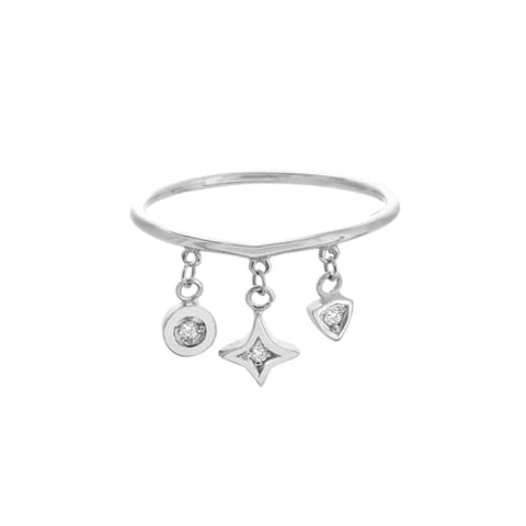 14k White Gold Dangle Charm Ring with Diamonds in Triangle Circle North Star Shapes
