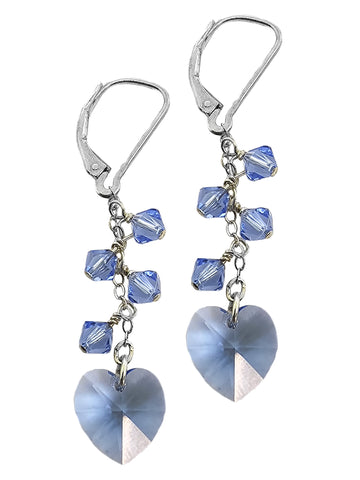 Sparkling Crystal Heart Cluster Dangle Earrings Sterling Silver - Light Blue