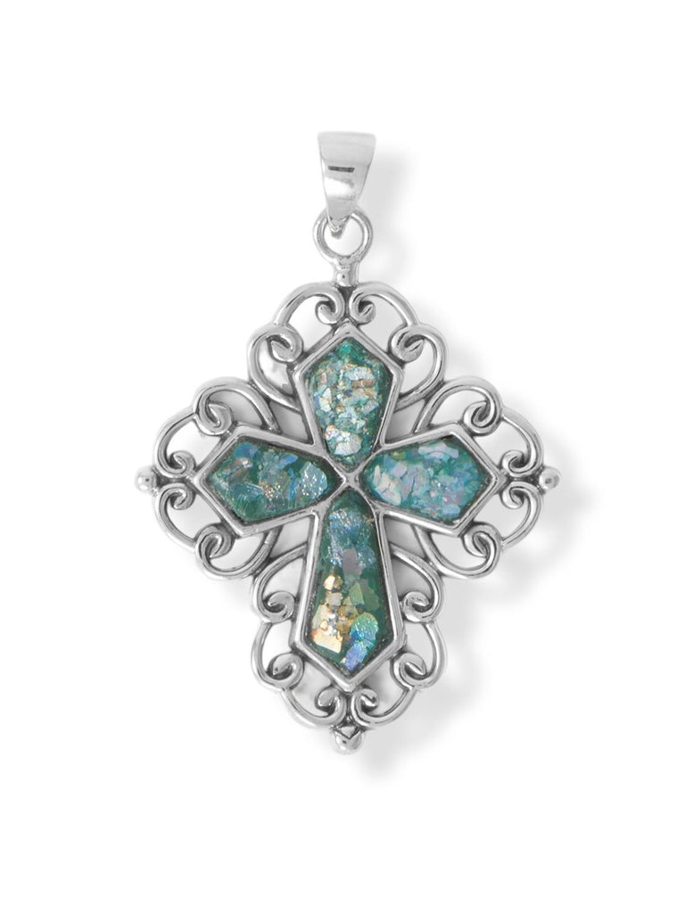 Ancient Roman Glass Cross Pendant with Open Swirl Edge Sterling Silver