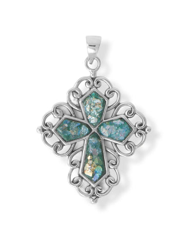 Ancient Roman Glass Cross Pendant with Open Swirl Edge Sterling Silver