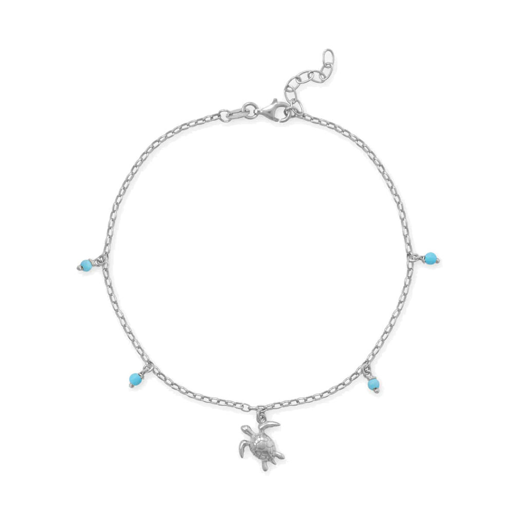 Sea Turtle and Reconstituted Turquoise Charm Anklet Sterling Silver Adjustable Length, 9