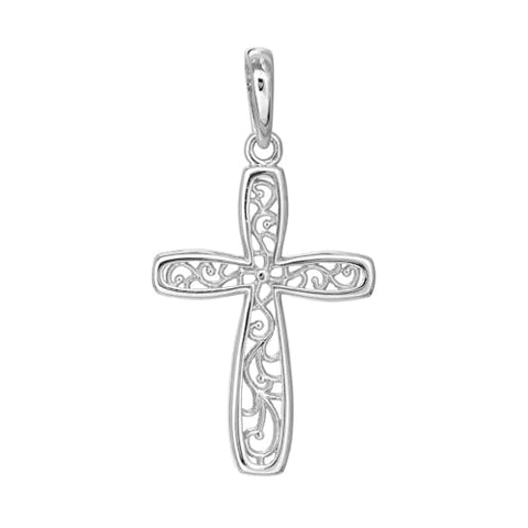 10k White Gold Cross Pendant with Filigree Design