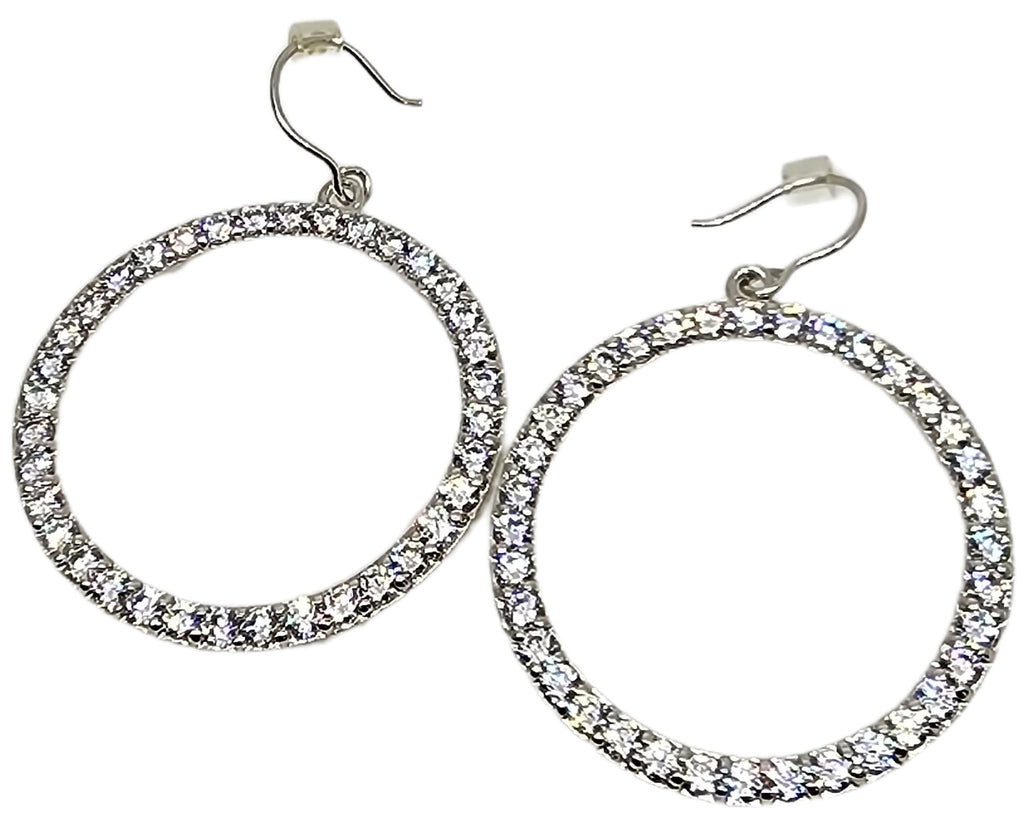 Pave Cubic Zirconia Circle Hoop Earrings Rhodium on Sterling Silver - Nontarnish