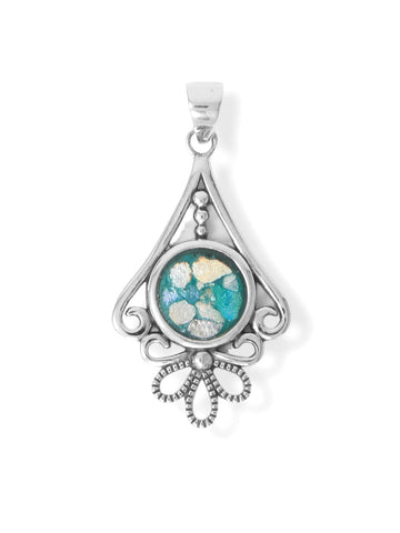 Ancient Roman Glass Pendant with Loop Flower Design Antiqued Sterling Silver