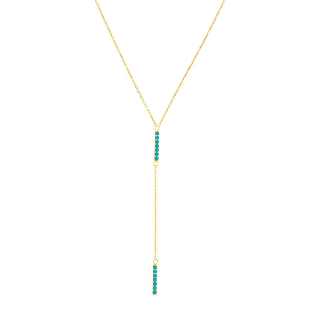 14k Yellow Gold Bar Necklace with Simulated Nano Turquoise Adjustable Length