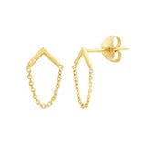 14k Yellow Gold Chevron Bar Stud Earrings with Chain Drop
