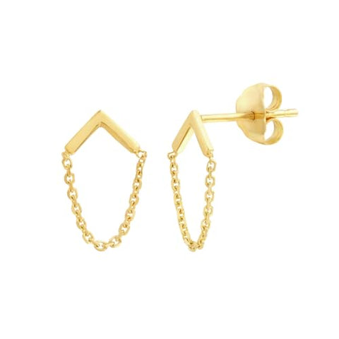 14k Yellow Gold Chevron Bar Stud Earrings with Chain Drop