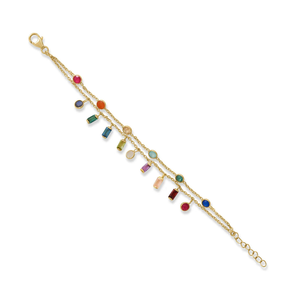 Multistone Multicolor Double Strand Charm Bracelet Gold-plated Silver Adjustable Length
