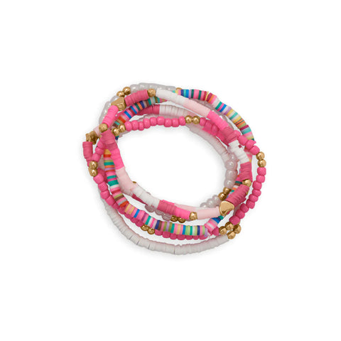 Friendship Stretch Bracelet Set of Six Pink Multicolor White Gold Tone Beads