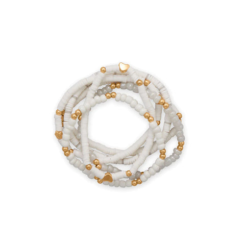 Friendship Stretch Bracelet Set of Six White with Gold Tone Beads