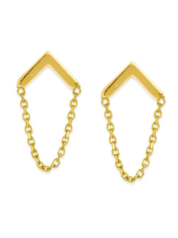 14k Yellow Gold Post Stud Earrings Chevron with Chain Drape
