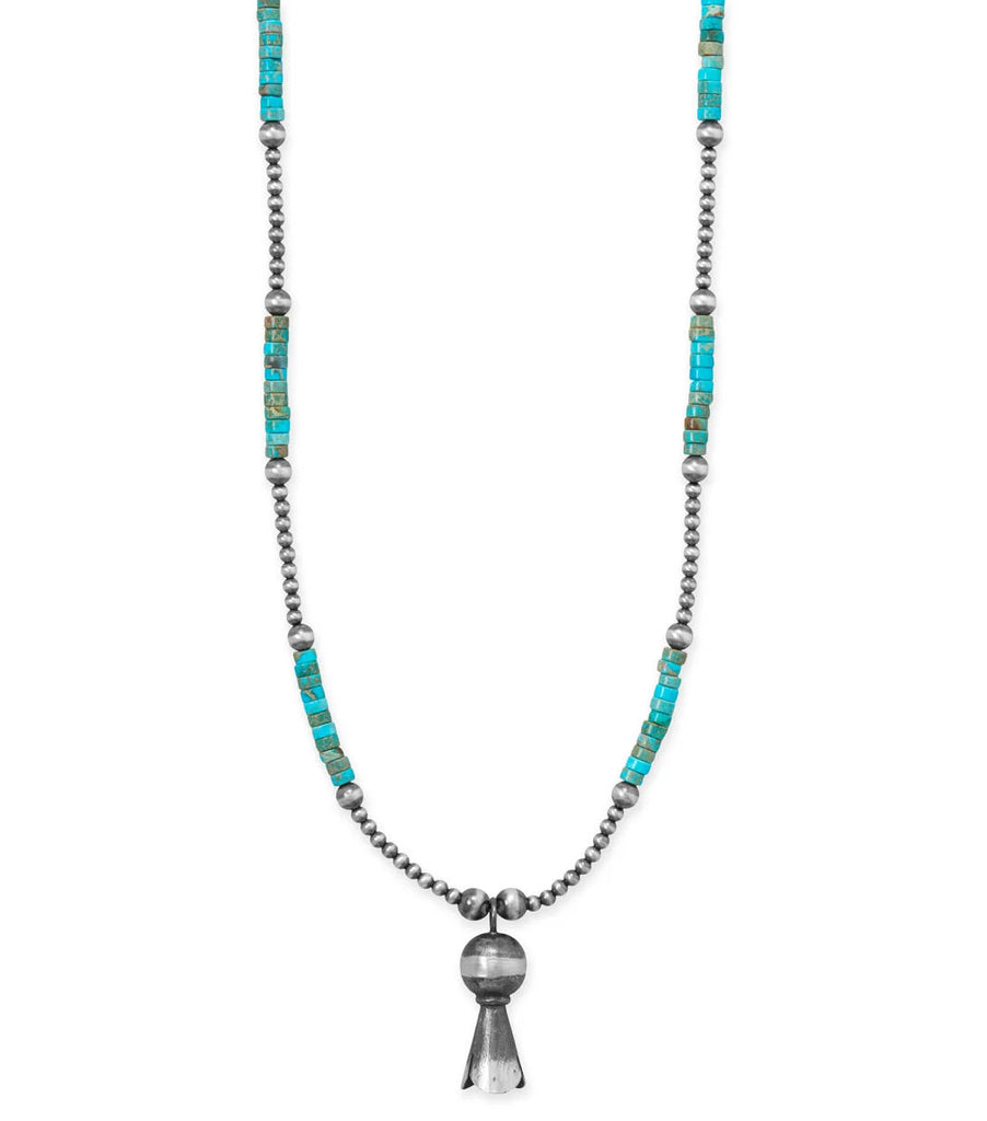 Turquoise Heshi Bead Necklace with Squash Blossom Pendant and Oxidized Beads - Handmade in the US