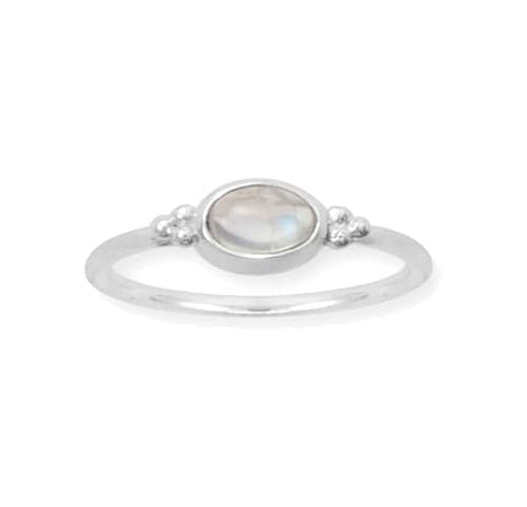Rainbow Moonstone Ring Oval Side Set Sterling Silver Dainty