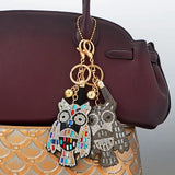 Grey Owl Bag Charm Keychain with Crystals, Tassel, and Ball