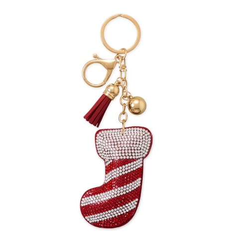 Christmas Stocking Charm Keychain with Crystals, Tassel, and Ball