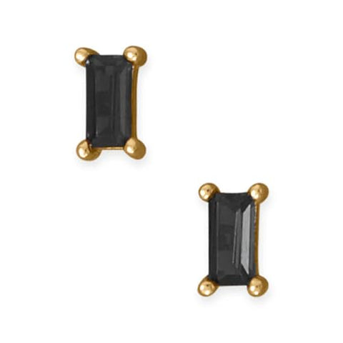 Black Baguette Cubic Zirconia Stud Earrings 14k Gold-Plated Silver