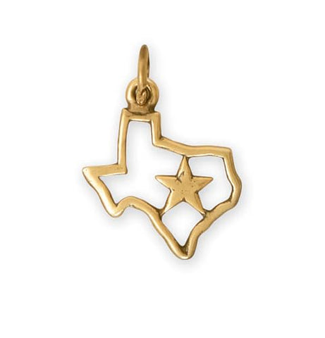 Texas State Outline Charm with Star, 17 x 15mm, 925 Sterling Silver, Gold Plated