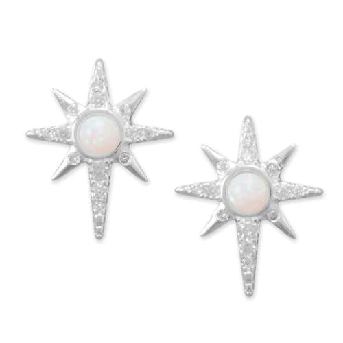 Northern Star Stud Earrings Sterling Silver Cubic Zirconia and Synthetic White Opal