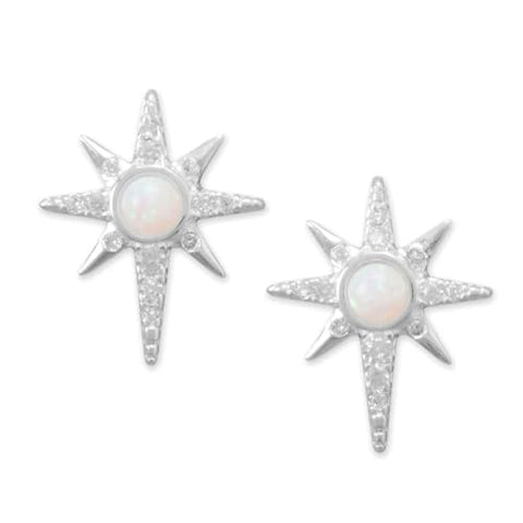 Northern Star Stud Earrings Sterling Silver Cubic Zirconia and Synthetic White Opal
