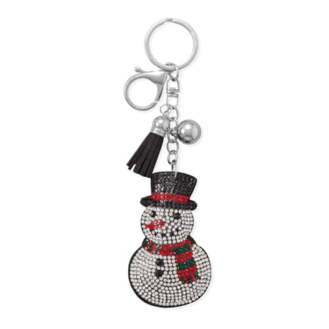 Snowman Bag Charm Keychain with Crystals, Tassel, and Ball