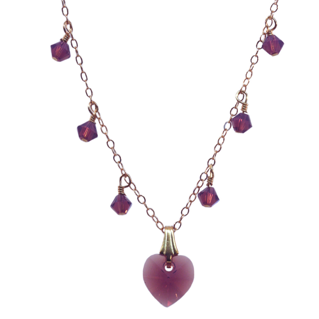 Heart Necklace 14k Gold-Filled with Amethyst-color Crystals