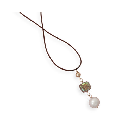 Brown Leather Necklace with 14k Gold, Cultured Pearl, and Quartz Pendant