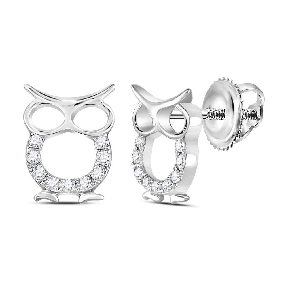 Diamond Owl Animal Stud Earrings 1/6 ctw