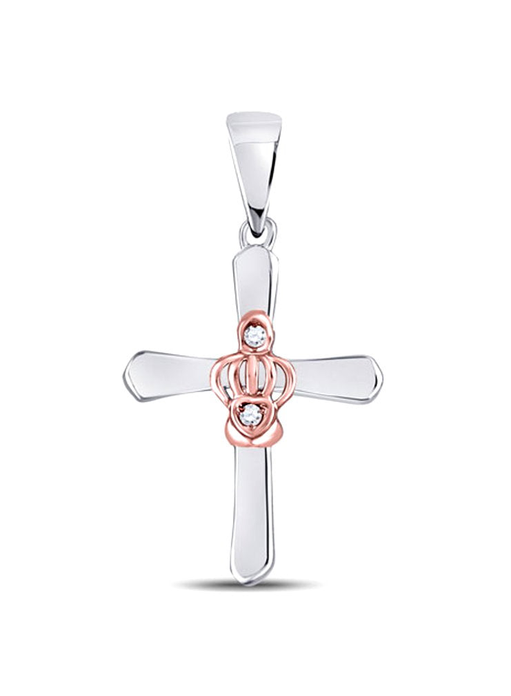 Diamond Cross Pendant .02 CTW with Rose Design Rhodium on Sterling Silver