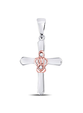 Diamond Cross Pendant .02 CTW with Rose Design Rhodium on Sterling Silver