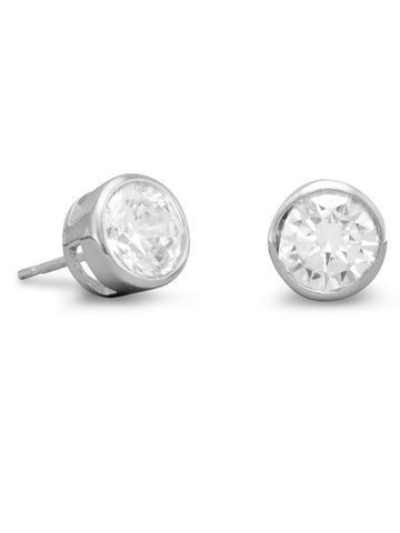 Bezel Set Round 7mm CZ Post Stud Earrings Sterling Silver