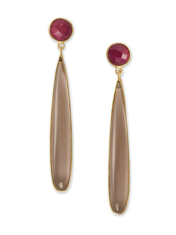 Red Ruby Corundum and Smoky Quartz Earrings 14k Gold-plated Sterling Silver