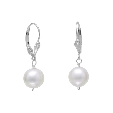 White 9mm Cultured Freshwater Pearl with Fleur-di-lis Lever Back Earrings Sterling Silver