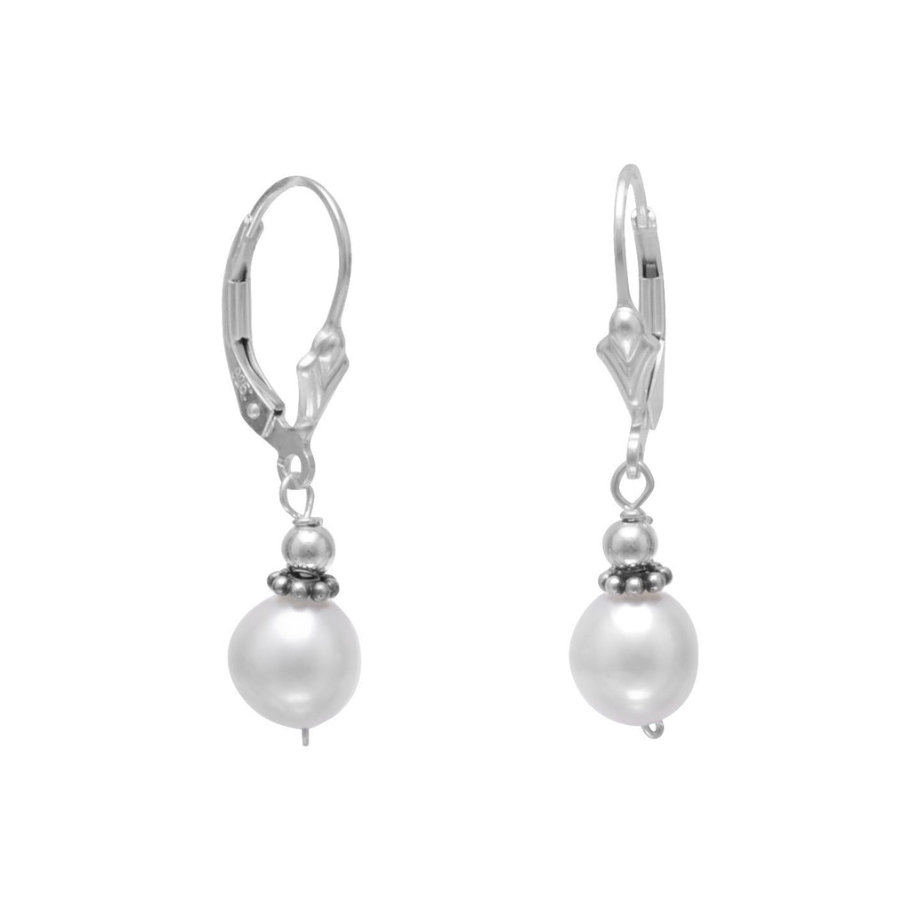 White Cultured Freshwater 8mm Pearl with Bali Bead Lever Earrings