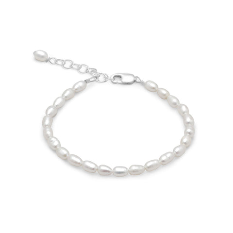 Small White Cultured Freshwater Pearl Strand Sterling Silver Bracelet Adjustable Length