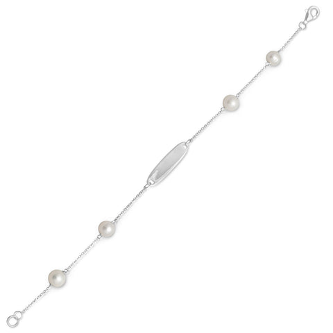 White Cultured Freshwater Pearl ID Identification Bracelet Sterling Silver