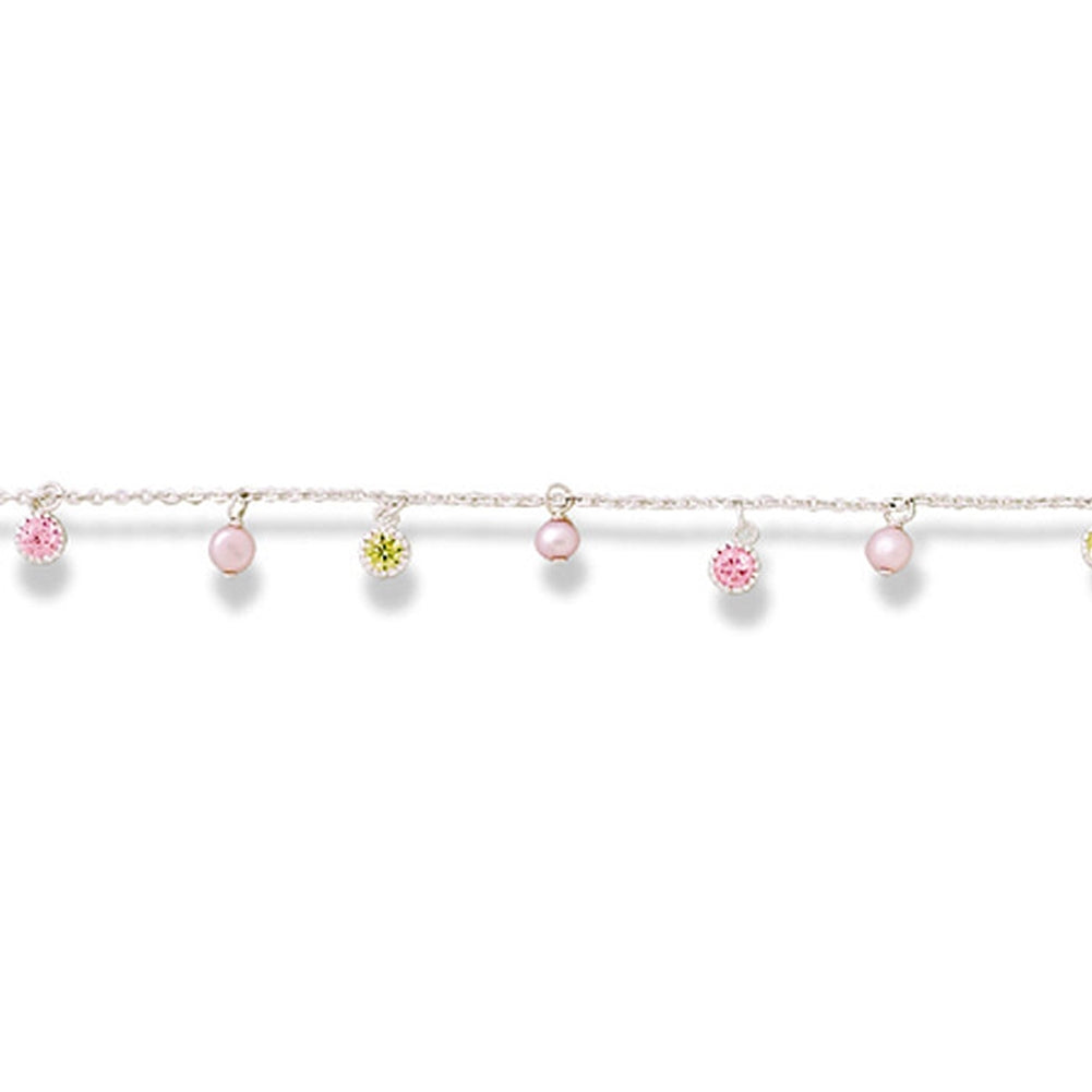 Pink and Green Cubic Zirconia CZ and Cultured Freshwater Pearl Charm Bracelet Sterling Silver