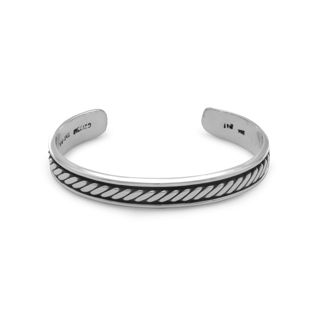 Men's Sterling Silver Cuff Bracelet with Oxidized Antiqued Rope Design